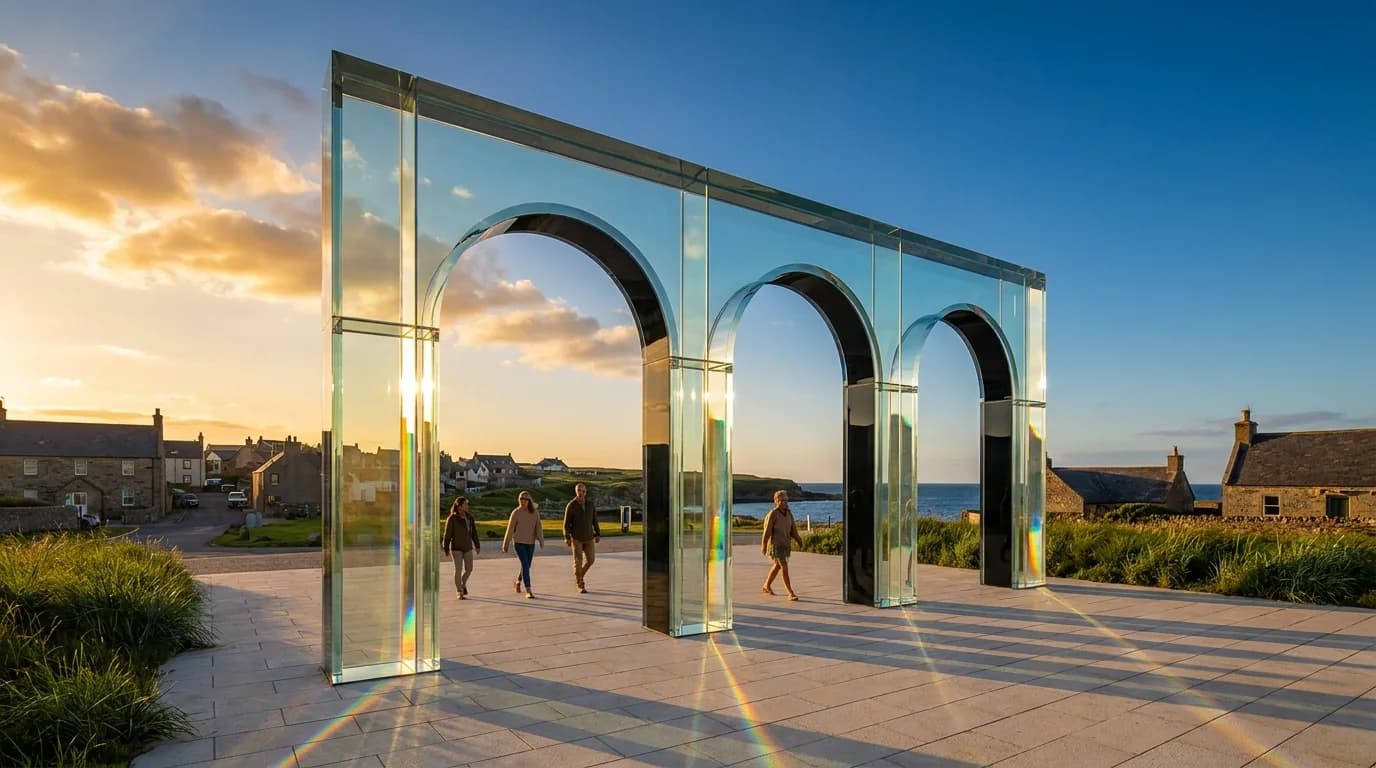Glass architecture opening onto a sunlit public landscape